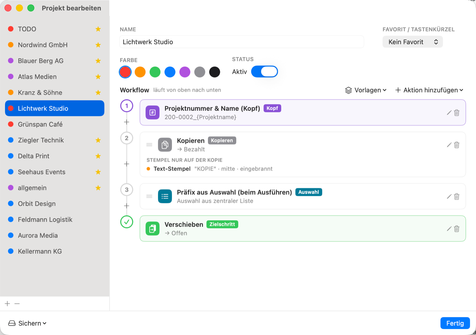 Projekt-Editor mit Workflow-Aktionen